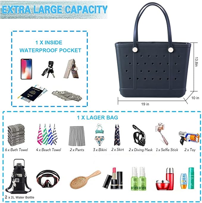 Extra Large Rubber Beach Bag Tote Bag for Women Waterproof Bag | Waterproof EVA Beach Tote with Zipper Pocket & Non-Slip Bottom | Sturdy Tote for Beach Pool Boat Groceries & Travel - Image 7