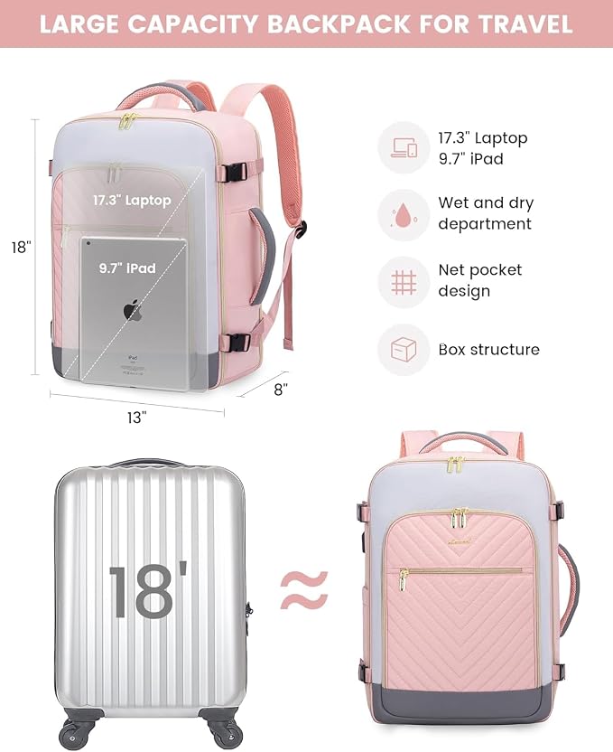 LOVEVOOK Large Travel Backpack for Women, TSA Carry on Backpack for Airplanes, 56L Personal Item Travel Bag for Women fits 17" Laptop,Waterproof Carry on Bag Airplane Approved with 3 Packing Cubes - Image 4