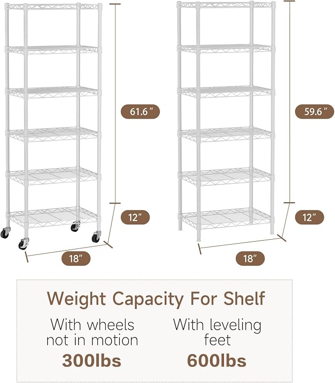 Golpart Small 6 Tier Shelves Storage Wire Shelving Unit Metal Shelf Adjustable Organizers Storage Shelving with Wheels for Bathroom Laundry Room Kitchen Pantry11.7”D x 17.7”W”W x 61.6”H White - Image 3