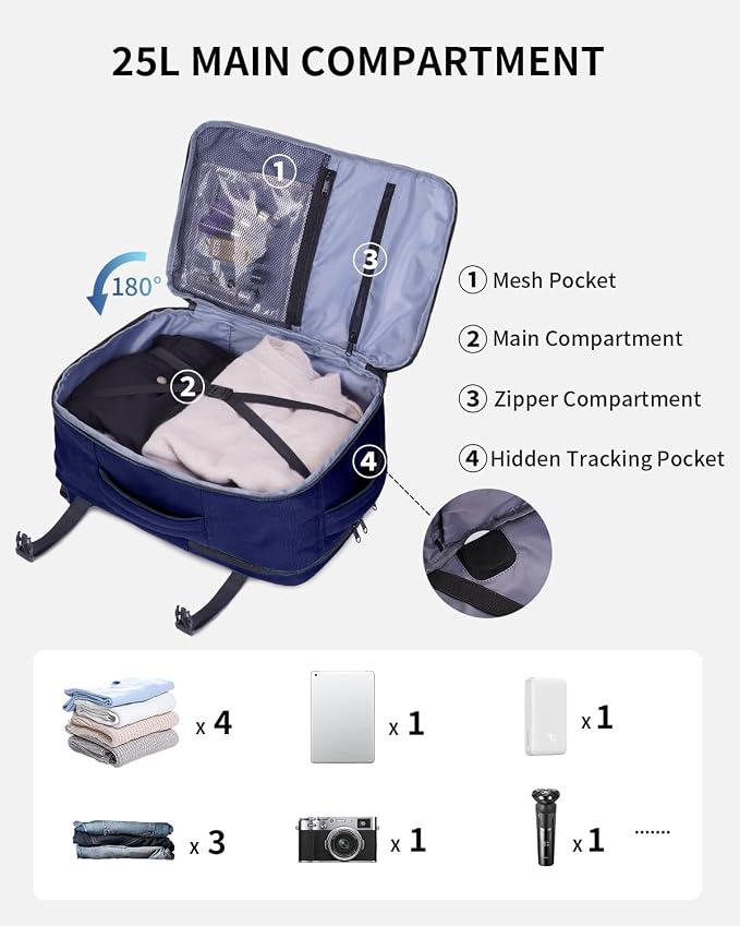 ECOHUB 17" Small Travel Backpack, United Airlines Personal Item Bag 17x10x9 with 16 Pockets, Water Resistant Rucksacks Fit 15.6" Laptop, AirTag Pocket, Lightweight Casual Daypack, 25L, Blue - Image 3