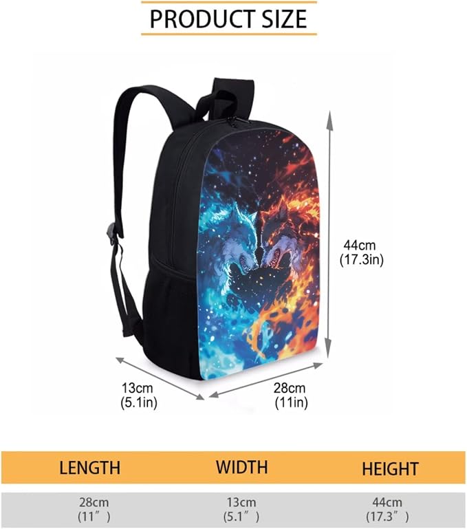 Fire and Ice Wolf Print Kids School Bookbag Set, Boys Girls Back to School Large Backpack Set, 3 Pcs Lightweight Schoolbag Set with Lunch Bag and Pen Bag, Red Blue - Image 2