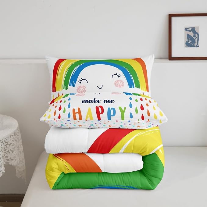 Erosebridal Rainbow Comforter Set Queen Size, Cartoon White Colorful Rainbow Bedding Set for Kids Girls Boys Children, Kawaii Quilted Comforter Ultra Soft Decorative 3 Piece with 2 Pillow Cases - Image 4