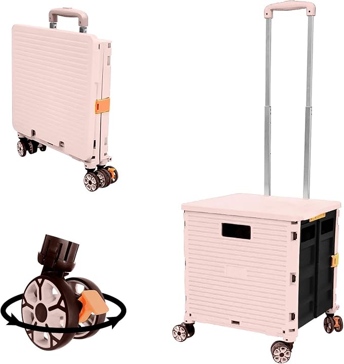 FELICON SELORSS Foldable Utility Cart Folding Portable Rolling Crate-Pink | Durable,Heavy Duty,Plastic Box,Telescoping Handle,4 Rotate Wheels,Collapsible Handcart for Travel Shop Move Luggage Office by FELICON