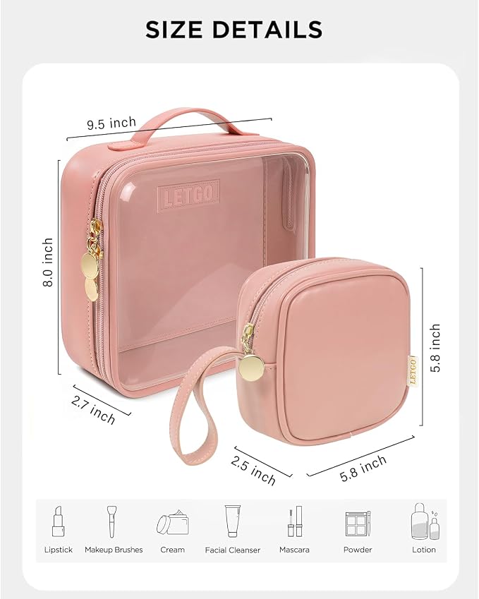 LETGO Travel Toiletry Bag for Women with Small Make Up Bag for Purse,Large Clear Toiletry Bag Lightweight Wide-open Travel Bag for Women, Cosmetic Makeup Bag Organizer (Handle-Pink, Large+Mini) - Image 2