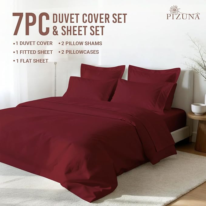 Pizuna Pure 100% Long-Staple Cotton Duvet Cover + Sheet Set Queen, Luxurious 400 Thread Count Long Staple Cotton, Soft Sateen Weave Bedding Set (Rio Red) - Image 3