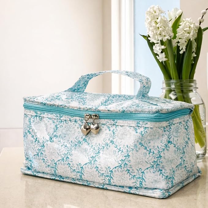 Jacaranda Living Vanity Bag/Train Case - Water-Resistant, PVC-Lined, Easy to Clean, Compact & Travel Ready Makeup Organizer - Aqua Trellis Print - Image 5