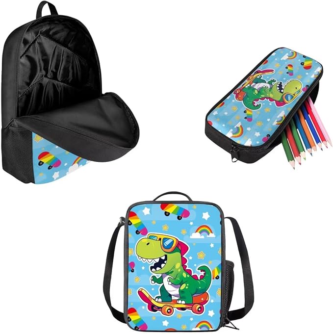 Mumeson Cartoon Dinosaur 3 Piece Backpack Set for Boys Girls,17inch Bookbags with Lunch Bag and Pen Case Bag Cool High School Book Packs Satchel Laptop Bags - Image 2