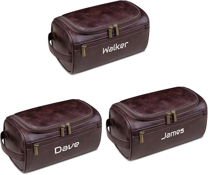 GOPHIE Personalized Embroidered Men's Leather Toiletry Bag,Travel Toiletry Bag for Men,PU Leather Waterproof Travel Shaving Dopp Kit (3, Coffee) by GOPHIE