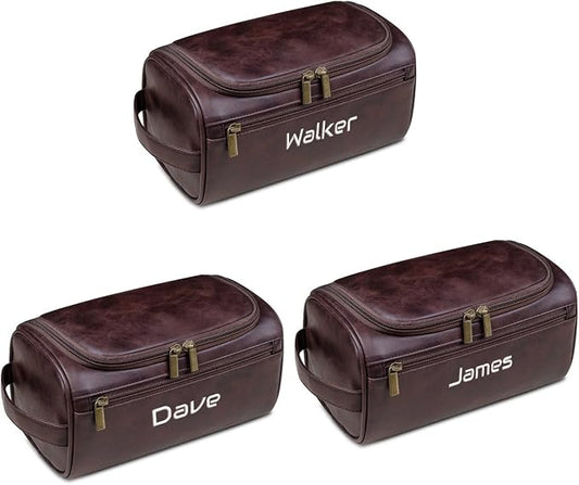 GOPHIE Personalized Embroidered Men's Leather Toiletry Bag,Travel Toiletry Bag for Men,PU Leather Waterproof Travel Shaving Dopp Kit (3, Coffee) by GOPHIE