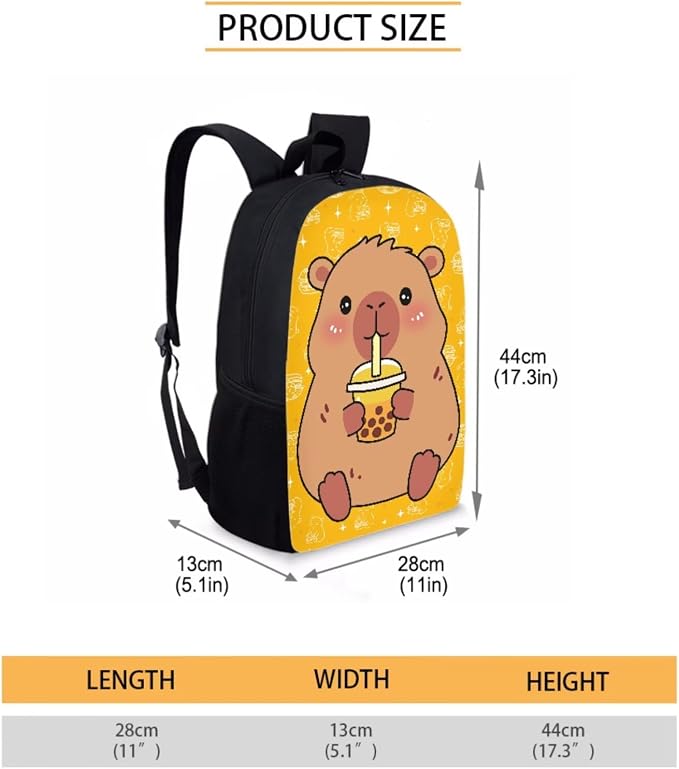 Capybara Bubble Tea Star Print 17 Inch Backpack Schoolbag 3 Piece for Boy Girl, Lightweight Daypack Set with Reusable Lunch Box and Pencil Bag, Durable School Bookbag Set, Yellow - Image 2