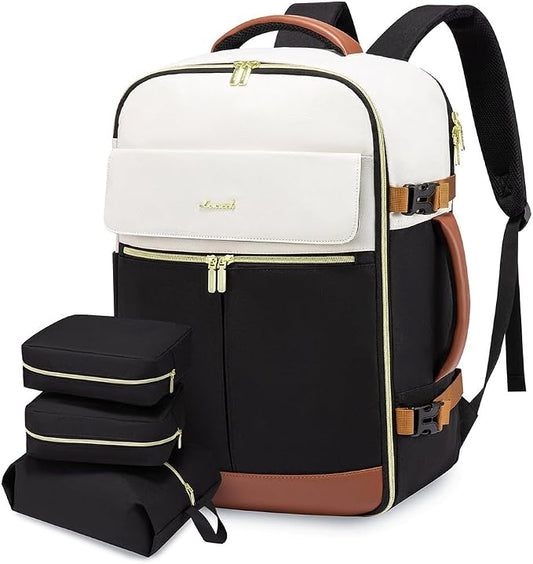 LOVEVOOK Travel Backpack for Women, TSA Carry On Backpack Flight Approved Luggage, 50L Water Resistant Personal Item Daypack Large Weekender Bag fit 18 inch Laptop with 3 Cubes, Beige-black-brown by LOVEVOOK