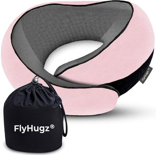 FlyHugz® Neck Travel Pillow Memory Foam Neck Pillow for Comfort on Airplane Compact and Ergonomic Design for Travel, Car Rides, and Home Use Ideal for Adults and Kids. (Pink) by FlyHugz%C2%AE