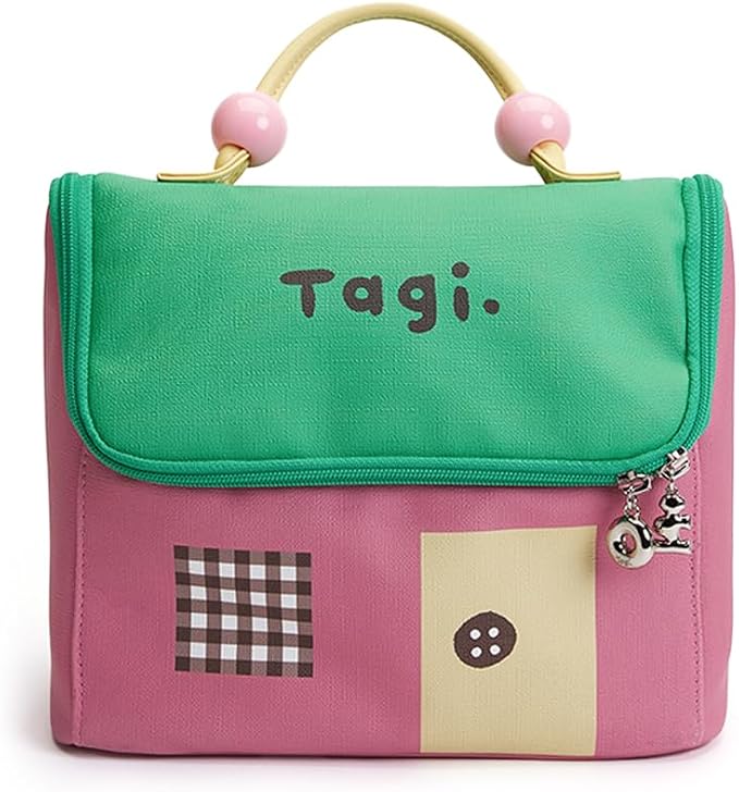 Tagi. Signal House Large Capacity Travel Makeup Bag, Waterproof PVC Cosmetic Bag for Women, Wide-Open Flat Pouch for Brushes & Skincare, Portable Organizer with Handle & Dividers by Tagi