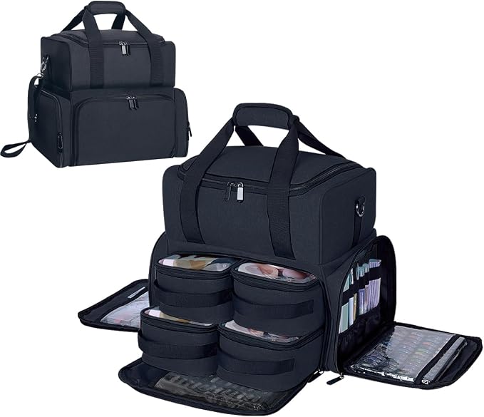 Large Makeup Bag Double Layer with 4 Removable Case,Black | Large Makeup Bag with 4 Removable Case and 2 Removable Dividers Double Layer Travel Cosmetic Makeup Brushes Storage Section by UOZL