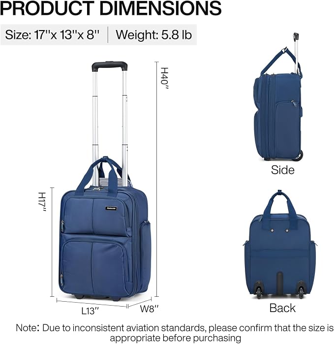 Hanke 16 Inch Underseat Carry On Luggage With Wheels, Small Rolling Suitcase Lightweight Under Seat Carry On Bag, Airline Approved Personal Item Overnight Softside Travel Luggage Bag,Blue - Image 3