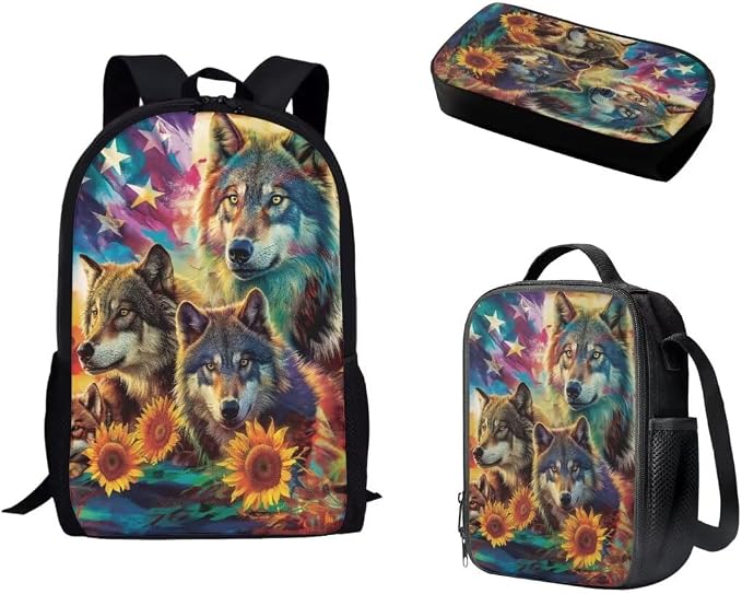 Mumeson Wolf American Flag Backpacks Set 3 Pack Big Capacity Bookbag Schoolbags Rucksack with Lightweight Insulated Lunch Bag Mini Pencil Case,Lightweight Backpack Set for Kids Student by Mumeson