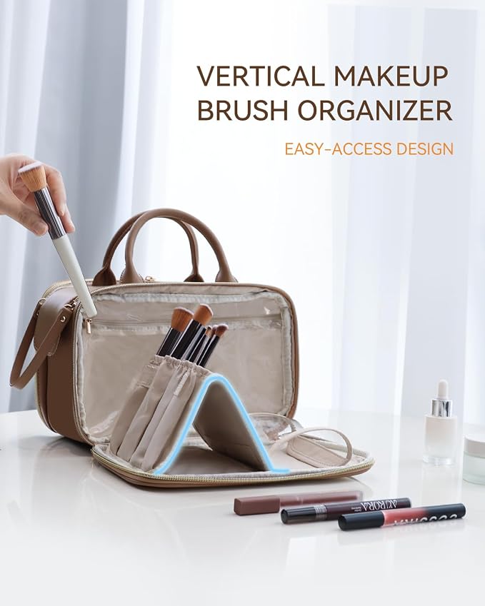 Prite Travel Makeup Bag Women’s Large Capacity Waterproof Cosmetic Organizer Portable Open Flat Toiletry Case with Free-standing Brush Holder and Handle(Brown Large) - Image 4