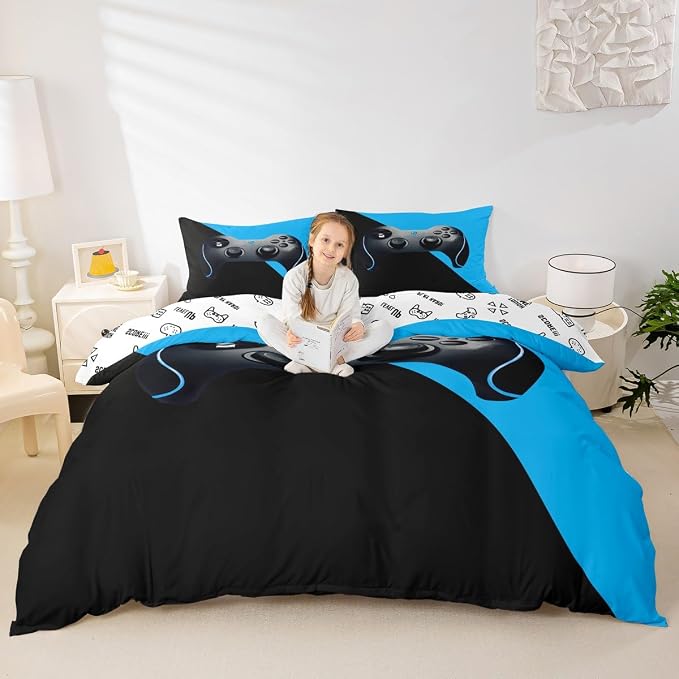 Erosebridal Gamer Comforter Cover Merry for Teens Boys Girls Game Room Decor Bedding Set Gamepad Printed Player Gaming Duvet Cover Videogame Controller Pattern Bedspread, Queen Size,Black Blue - Image 4
