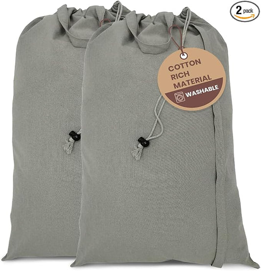 LFH Home Cotton Rich Large Laundry Bag with Handle, Heavy Duty Drawstring Closure Washable Laundry Bags, School Travel, Home, Hotel, College Dorm, Organizer Sack, Toys Clothes 24x36 (Pack 2)-Grey by LFHHomePrivateLimited
