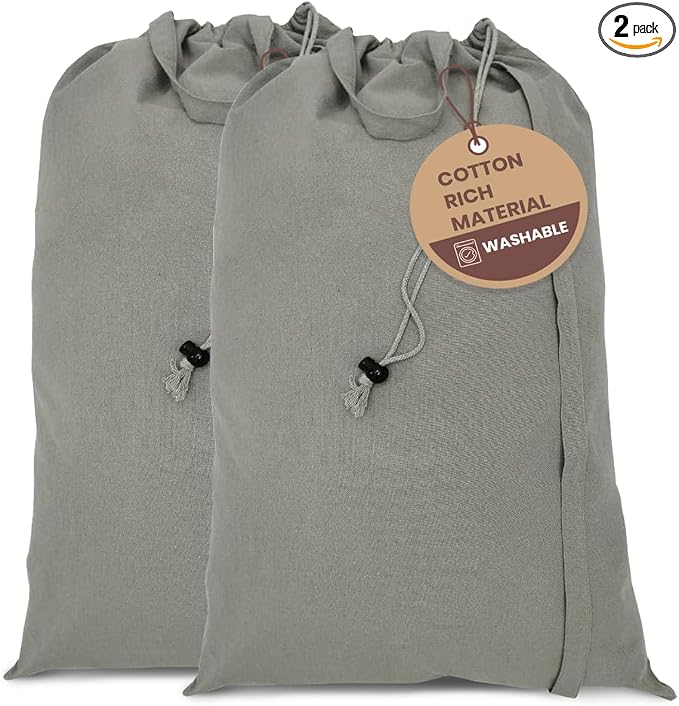LFH Home Cotton Rich Large Laundry Bag with Handle, Heavy Duty Drawstring Closure Washable Laundry Bags, School Travel, Home, Hotel, College Dorm, Organizer Sack, Toys Clothes 28x36 (Pack 2)-Grey by LFHHomePrivateLimited