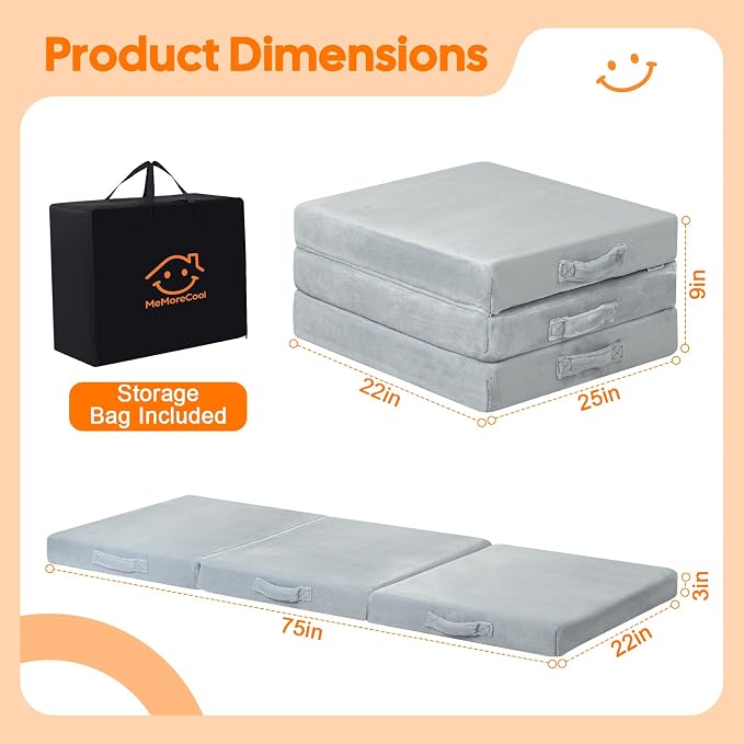 MeMoreCool Foldable Floor Mattress for Kids Trifold, 75x25 Inch Grey | Trifold futon floor mattress for playroom, reading nook and travel, washable - Image 3