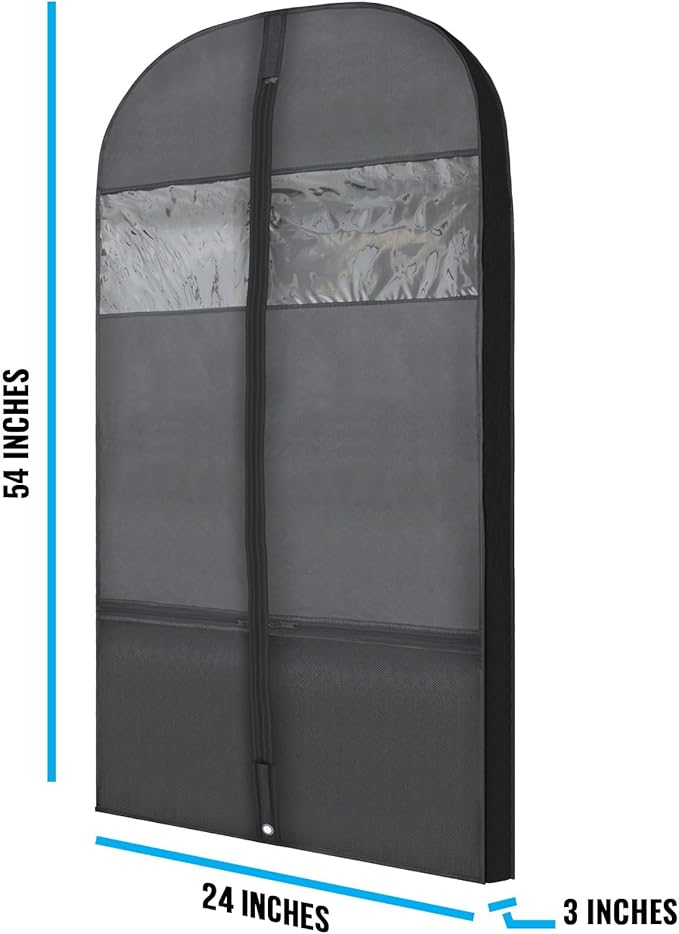 Plixio 54" Black Garment Bags for Travel or Hanging Clothes Storage Suit | Zippered Mesh Pockets with Gusset, Clothing Cover for Men and Womens Shirts, Dresses, Fur Coats and Jackets, Dress Carrier - Image 3