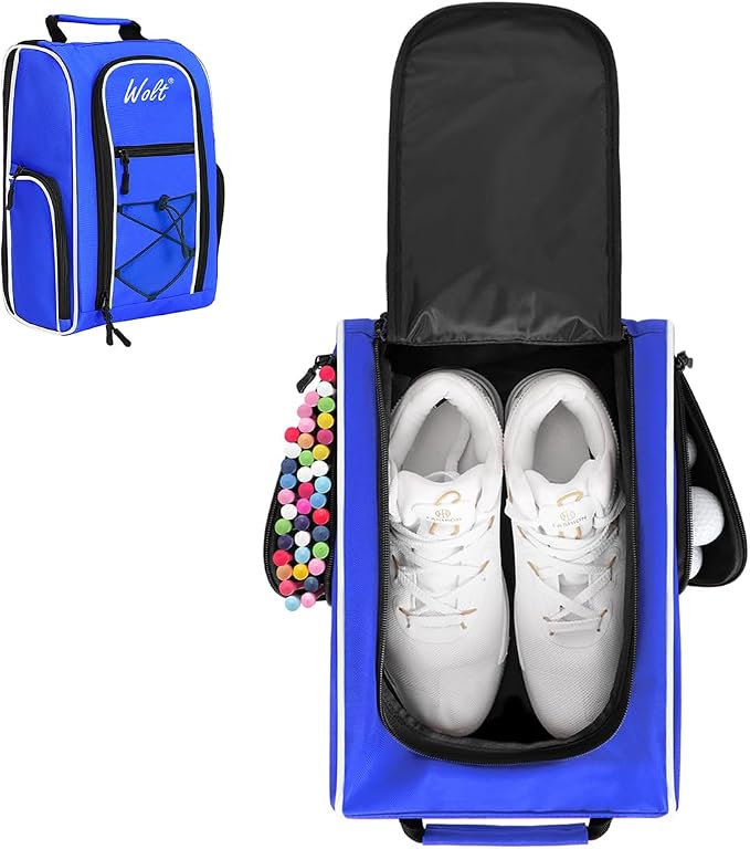 Wolt | Golf Shoe Bag for Travel- Zippered Shoes Carrier Bags with Ventilation & Double Outside Accessory Pocket for Socks, Tees, Golf Balls, Etc. for Women and Men (Blue) by WOLT