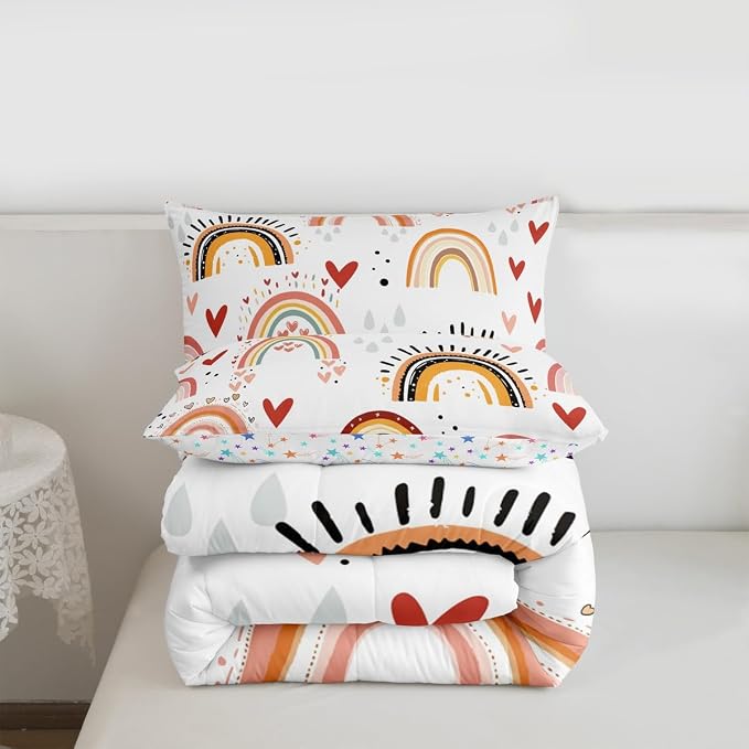 Rainbow Comforter Set King For Girls, Red Love Heart Kawaii Bedding Set Bohemian Exotic Quilt Hand Drawn Iridescent Down Comforter For Kids Boys Children Teens Women Bedroom Decor, Colorful - Image 7