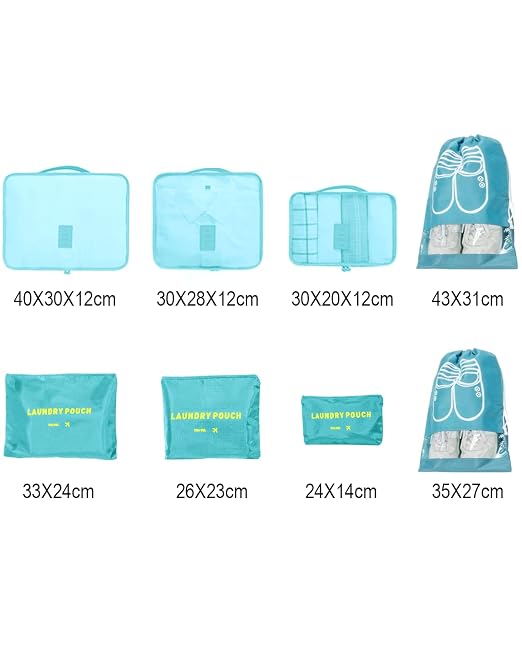 8-in-1 Suitcase Organiser Set for Travel, Clothes Bags, Packing Cubes, Luggage Organisers for Clothes, Shoes, Underwear, Cosmetics, Light Blue - Image 3