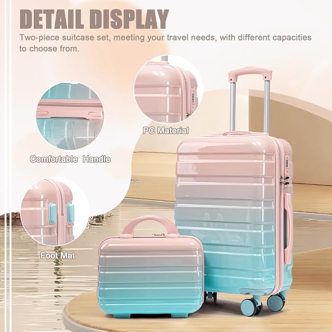 Gradient Color Suitcase 2-Piece Set, 20" Rotating Wheel Suitcase with 14" Cosmetic Case, Lightweight Durable Hardshell Luggage with 360° Spinner Wheels for Travel, Women & Girls (Blue+Pink) - Image 2