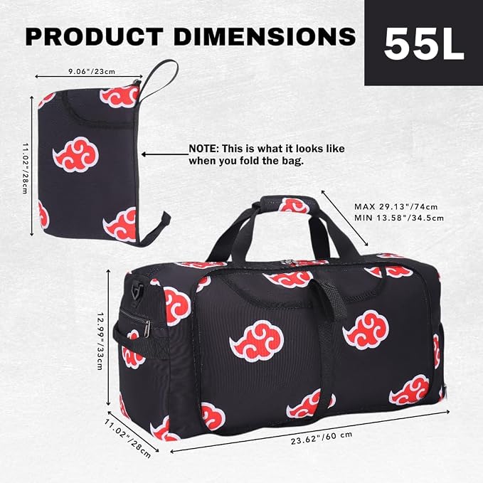 2pcs Anime Gym Bag for Women Men and Wrist Wrap Set - Foldable 55L Large Workout Duffle Bag with Shoe Compartment, 24" Lifting Straps Weightlifting, Powerlifting, and Improve Workout (Akat) - Image 6