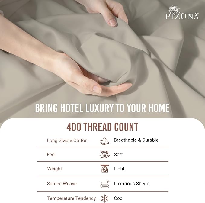 Pizuna Pure 100% Long-Staple Cotton Duvet Cover + Sheet Set Full, Luxurious 400 Thread Count Long Staple Cotton, Soft Sateen Weave Bedding Set (Simply Taupe) - Image 5