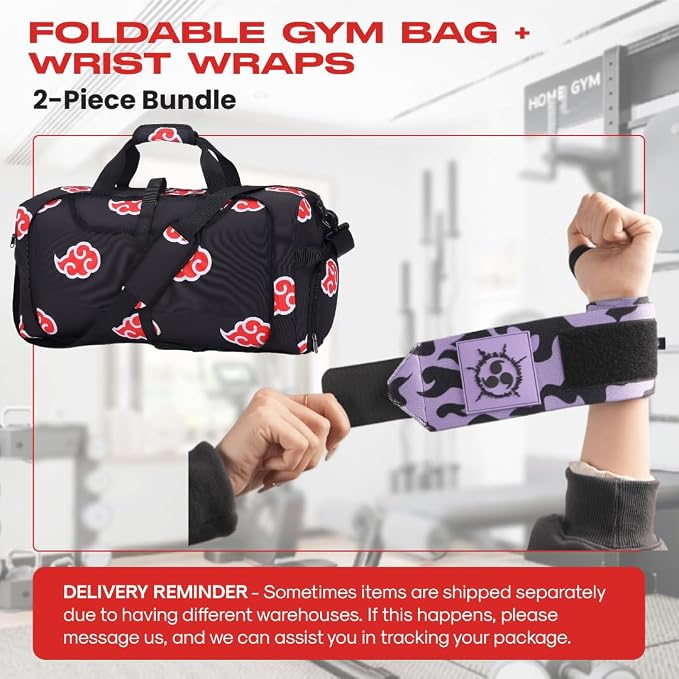 2pcs Anime Gym Bag for Women Men and Wrist Wrap Set - Foldable 55L Large Workout Duffle Bag with Shoe Compartment, 24" Lifting Straps Weightlifting, Powerlifting, and Improve Workout (Purplecm) - Image 2