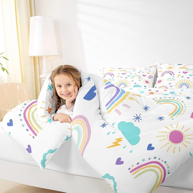 Erosebridal Rainbow Comforter Set, Sun Cloud Stars Duvet Insert King Size Hand Drawn Iridescent Duvet Sets, Love Heart Cartoon Quilted Duvet for Kids Girls Boys Children Women Bedroom Decor - Image 6