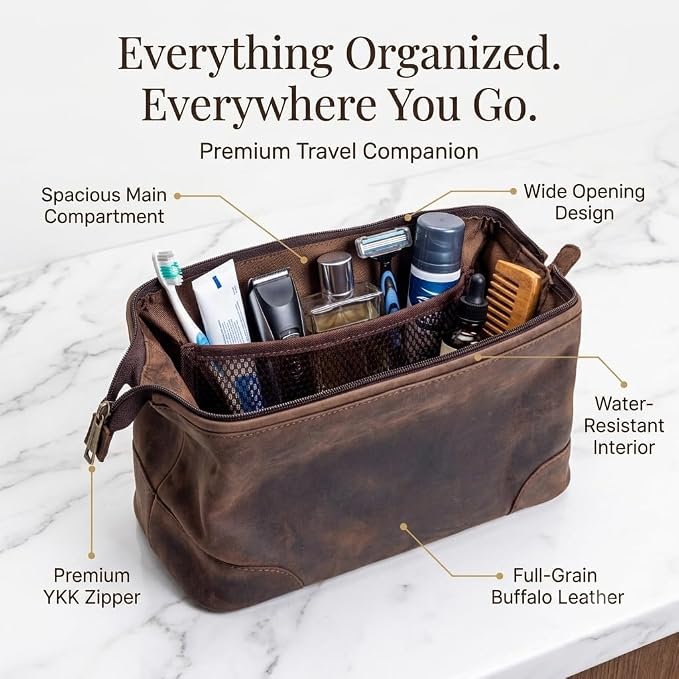 Leather Toiletry Bag, Grooming Travel Pouch, Shaving Kit Toiletries, Makeup Kit Organizer with Waterproof Lining, Handcrafted Vintage leather, best gift for Men & Women (DARK BROWN) - Image 3