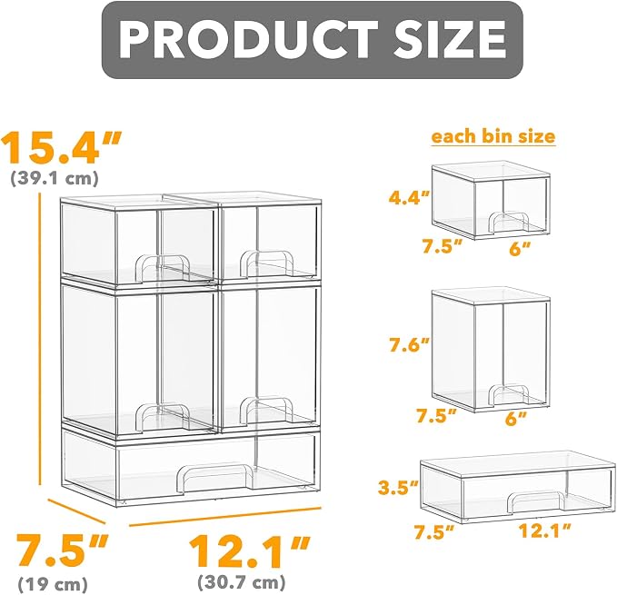 SpaceAid Bottle Storage Organizer Baby - Acrylic Bottles Station Organizer Container, Stackable Clear Drawers for Countertop, Vanity, Bathroom, Cabinet, Pantry Organization, 5 Pack, 2S2M1L, 15.4"H - Image 2