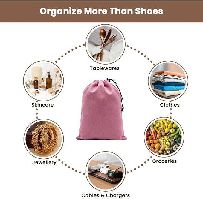 LFH Cotton Rich Shoe Storage Bags with Drawstring, Dustproof Breathable Reusable Organizer, Perfect For Travel, Dorm, Hotel, College, Gym, Easy to Carry, Machine Washable 12"x17" (Pack of 2) - Pink - Image 8