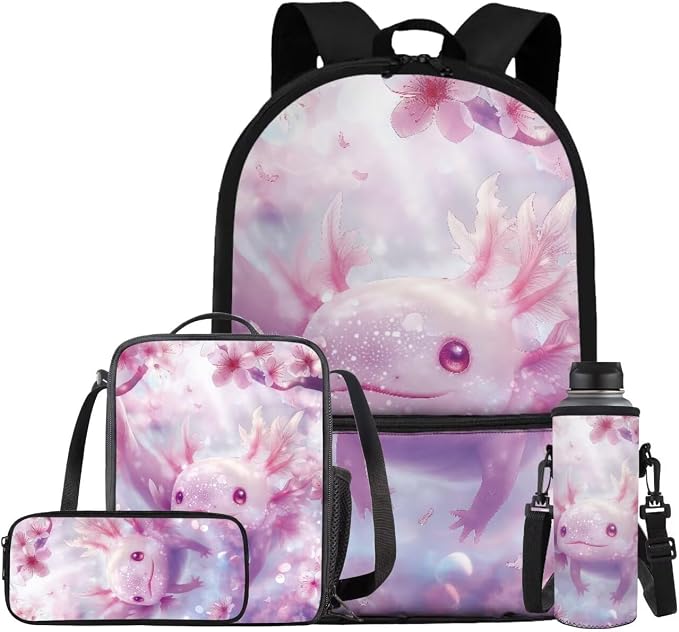 Cherry Blossom Axolotl Backpack for Girls Kids Backpack with Lunch Box Water Bottle Carrier and Aesthetic Pencil Case 4PCS Set Cute Bookbag with Front Pocket for School 17" Large School Bag by ELEDIZI