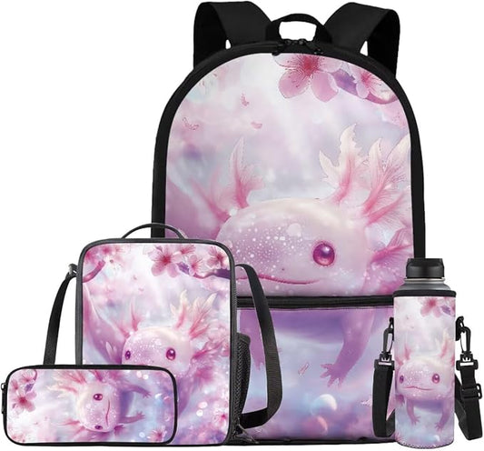Cherry Blossom Axolotl Backpack for Girls Kids Backpack with Lunch Box Water Bottle Carrier and Aesthetic Pencil Case 4PCS Set Cute Bookbag with Front Pocket for School 17" Large School Bag by ELEDIZI