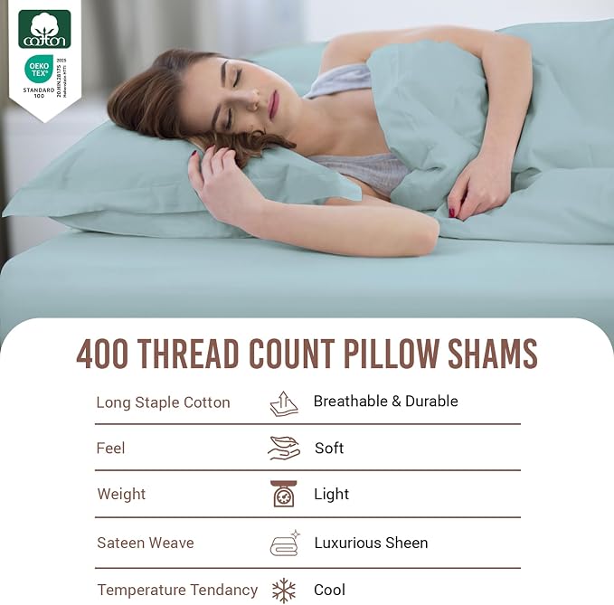 Pizuna Pure 100% Cotton Pillow Shams Queen Size Set of 2 Baby Blue, Luxurious 400 Thread Count Long Staple Cotton Sateen with Envelope Closure (Combed Baby Blue Cotton Pillow Shams Queen) - Image 4