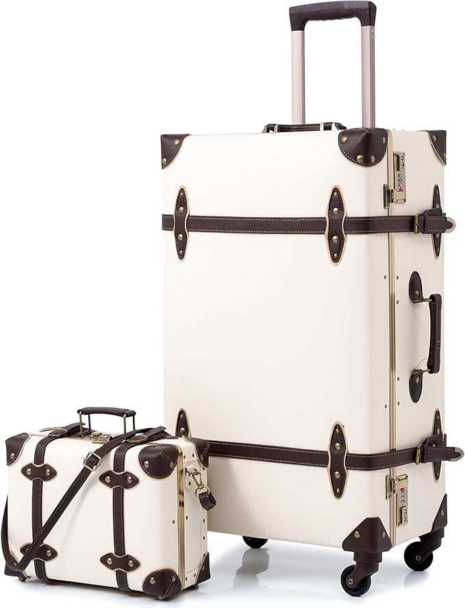urecity 26" Vintage Luggage Set, 2 Piece Holy White Retro Checked Suitcase with Cosmetic Case, Luxury Vegan Leather Aluminum Frame Spinner Trunk for Women (with Protective Clear Cover) by urecity