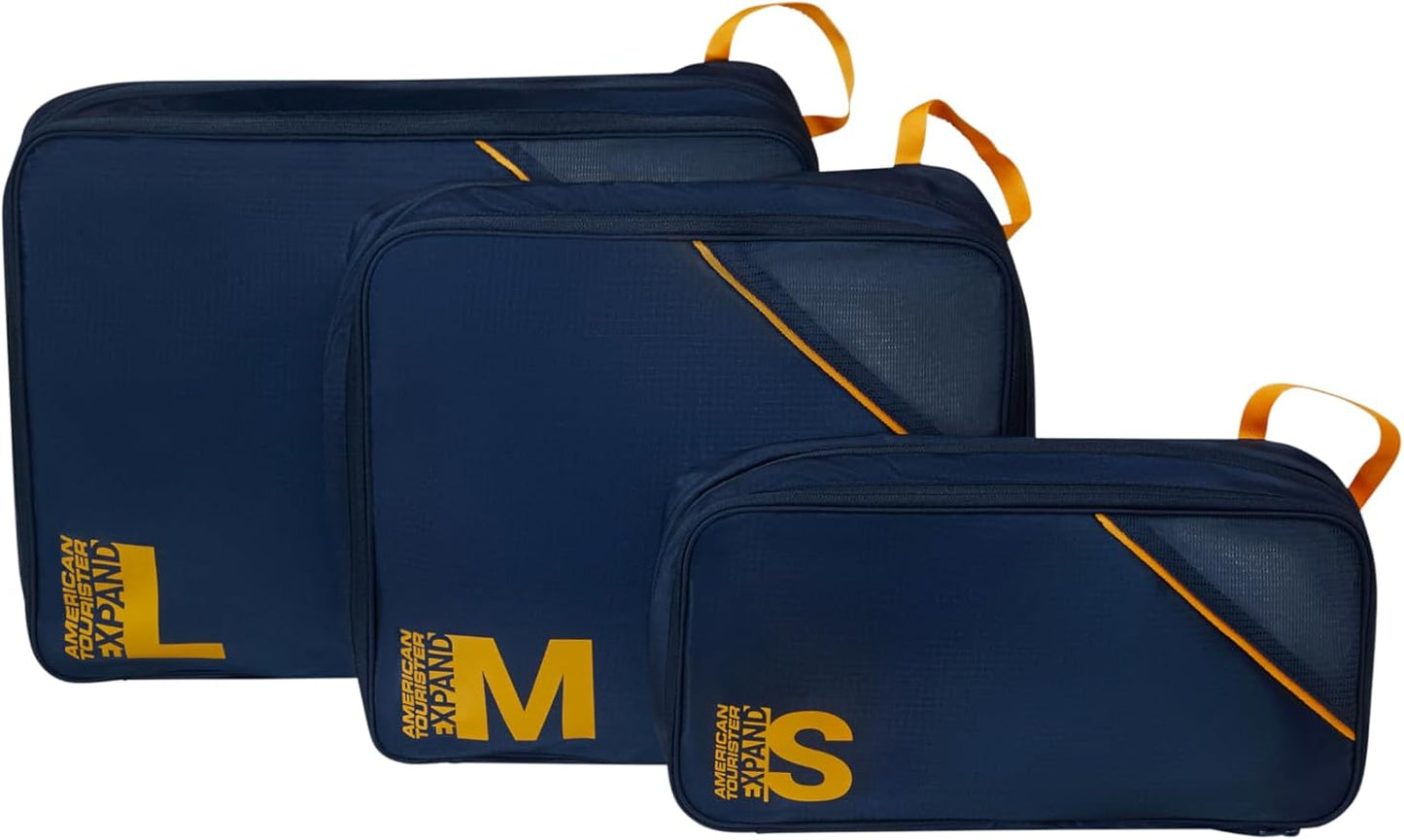 American Tourister Packing Cube Set of 3 - Suitcase Organiser for Holidays, Luggage Organiser for Suitcases, Hand Luggage and Backpack, Dark Blue/Orange by AmericanTourister