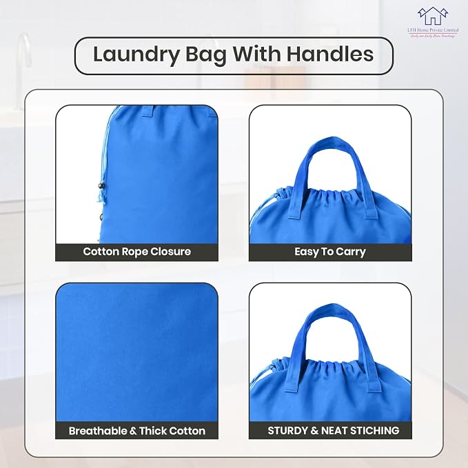 LFH Home Cotton Rich Canvas Large Laundry Bag with Handle, Heavy Duty Drawstring Closure Washable Laundry Bags, School Travel, Home, Hotel, College Dorm, Organizer Sack, Toys Clothes 28x36-Sky Blue - Image 6