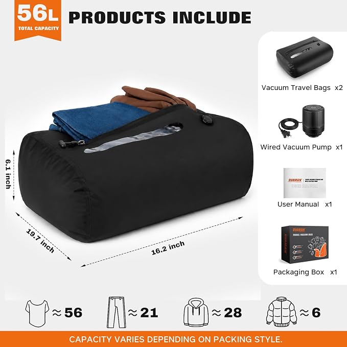 Vacuum Travel Bags With 5500Pa Wired Pump, Vacuum Luggage Bags for Clothes, Compression Bags for Travel, IP68 Waterproof Space Saver Packing Cubes for Suitcase, Backpack & Home Storage (2 Pack + Pump) - Image 6