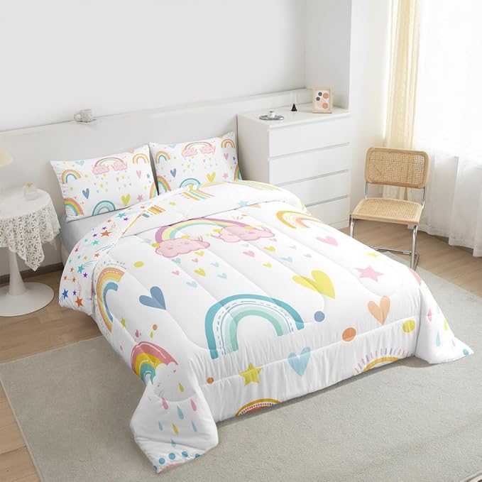 Erosebridal Rainbow Comforter Set 2Pcs, Kawaii Cartoon Cloud Quilt Iridescent Twin for Kids Girls Women Teens, Love Heart Duvet Insert Hand Drawn Style Down Comforter Girly Bedroom Decor,Colorful - Image 4
