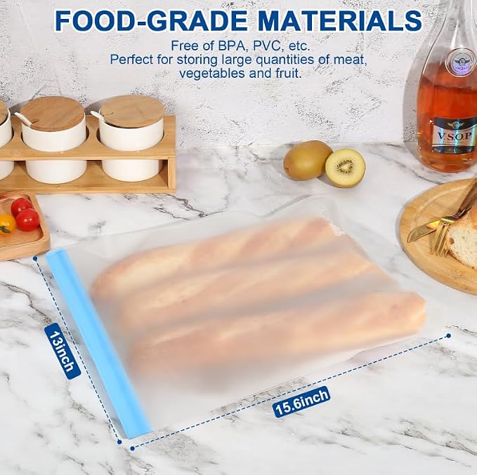 Lerine Reusable 2 Gallon Freezer Bags Dishwasher Safe 13"x15.6", Leakproof BPA Free Reusable Freezer Bags 2 Gallon, Food Storage Bags for Marinate Meats, Vegetables, Home Organization(Gray,2Gallon) - Image 4