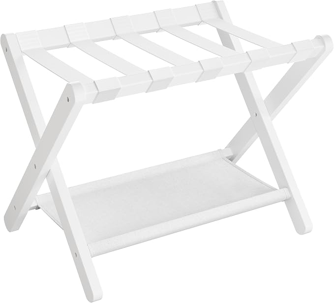 SONGMICS Luggage Rack, Folding Suitcase Stand with Storage Shelf, for Guest Room, Hotel, Bedroom, Heavy-Duty, Holds up to 131 lb, Classic White URLR007W01 by Unknown
