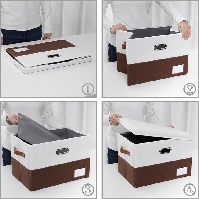 PRANDOM Foldable Storage Bins with Lids [3-Pack] Fabric Collapsible Storage Boxes Baskets Cubes Containers with Handles for Closet Living Room Bedroom (Brown & White 17.7x11.8x11.8'') - Image 6