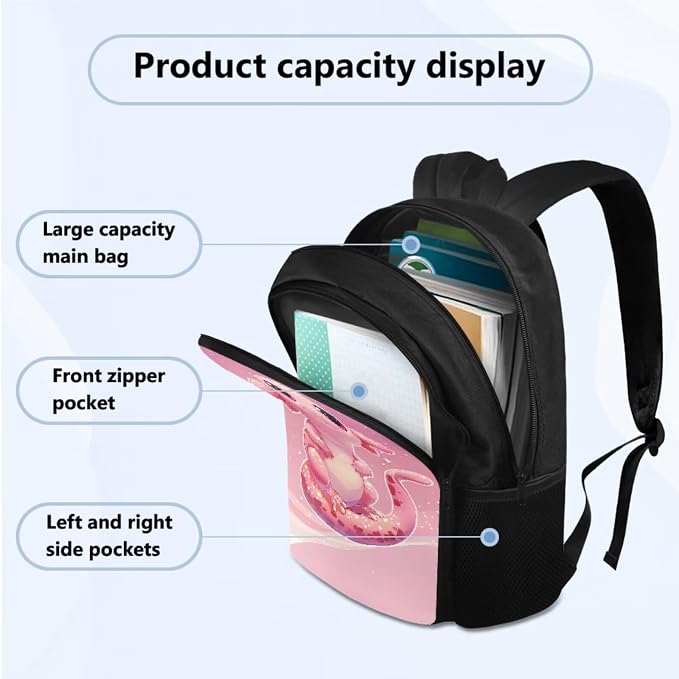School Backpack with Lunch Bag for Boys Girls Pencil Bag Water Bottle Sling for School, Cute Axolotl School Bag Bookbag Rucksack Primary Middle Knapsack Set - Image 2