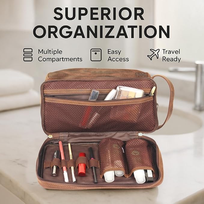 RUSTIC TOWN Leather Toiletry Bag - Waterproof Ditty Kit for Men and Women, Travel Organizer for Full-Size Essentials, TSA Approved - Image 4